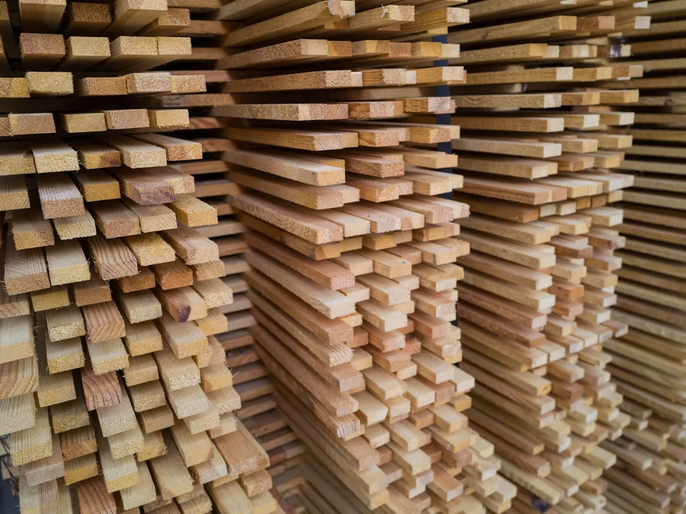Stacks of sawn timber planks