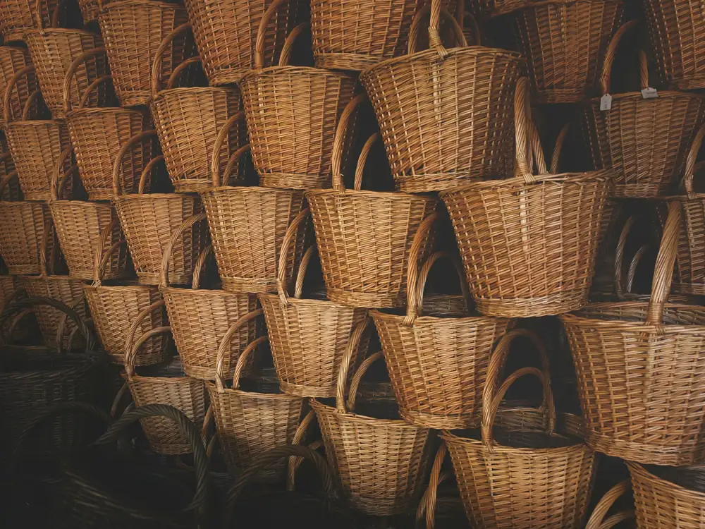Wall of stacked woven rattan baskets