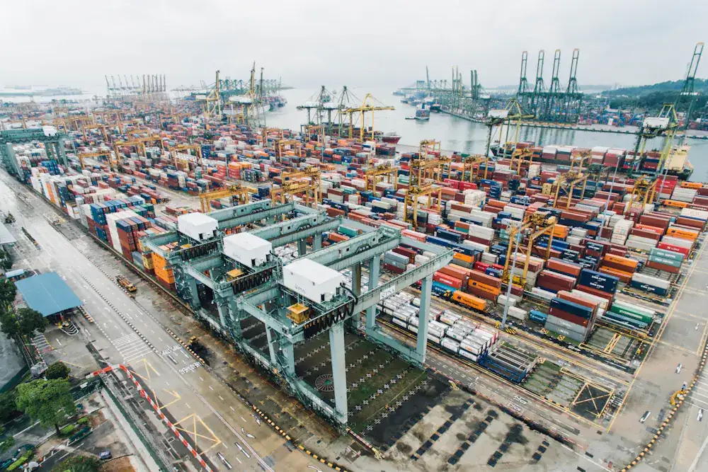 Aerial view of a container terminal with gantry cranes