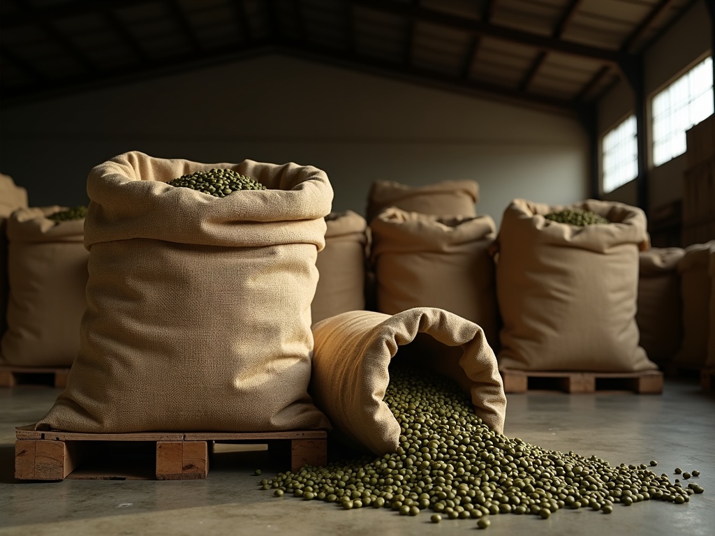 Green coffee beans in burlap sacks awaiting export documentation in an Indonesian warehouse
