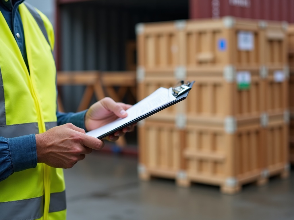 Pre-shipment document check of packed furniture crates before container loading