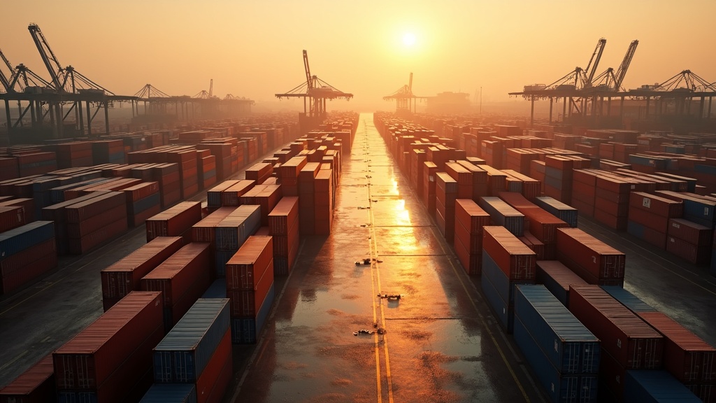 Shipping containers staged in an Indonesian export cargo yard at dusk