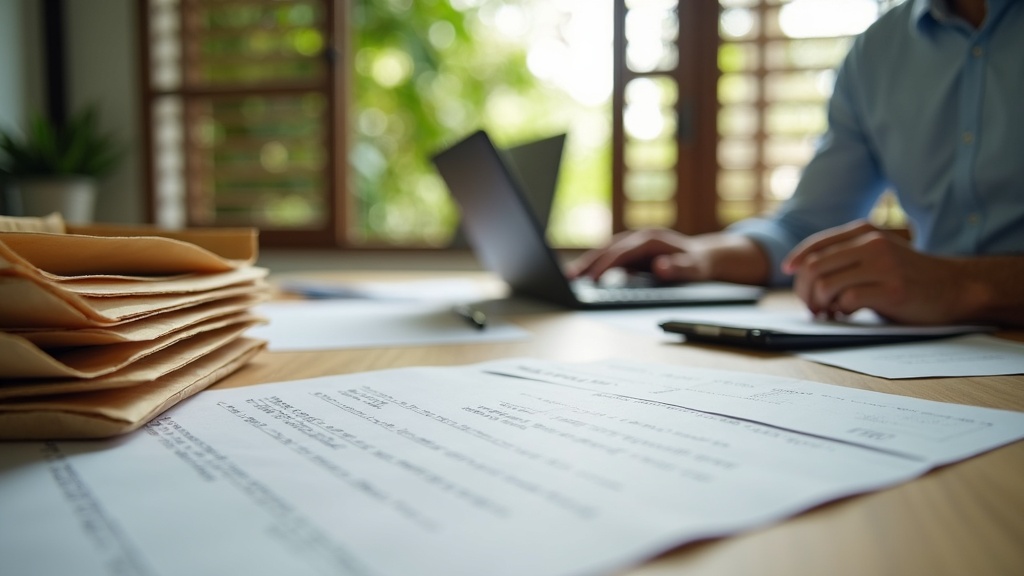Export compliance consultant worktable with organized shipping documents in a Bali office
